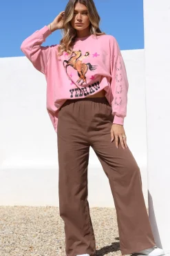Yee-Haw Set - Graphic Long Sleeve Top and Pants with Stripe Accent in Pink><noscript><img width=