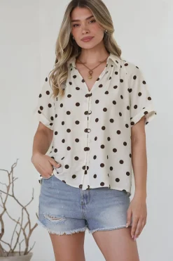 Yohanna Blouse - Collared Button Down in Pacey Spot Coffee><noscript><img width=