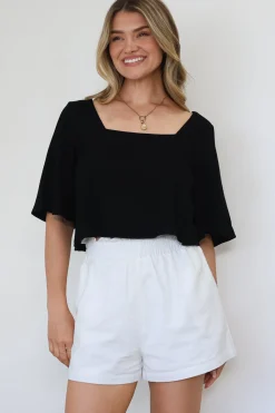 Zali Top - Square Neckline Crop with Short Airy Sleeves in Black>Salty Crush