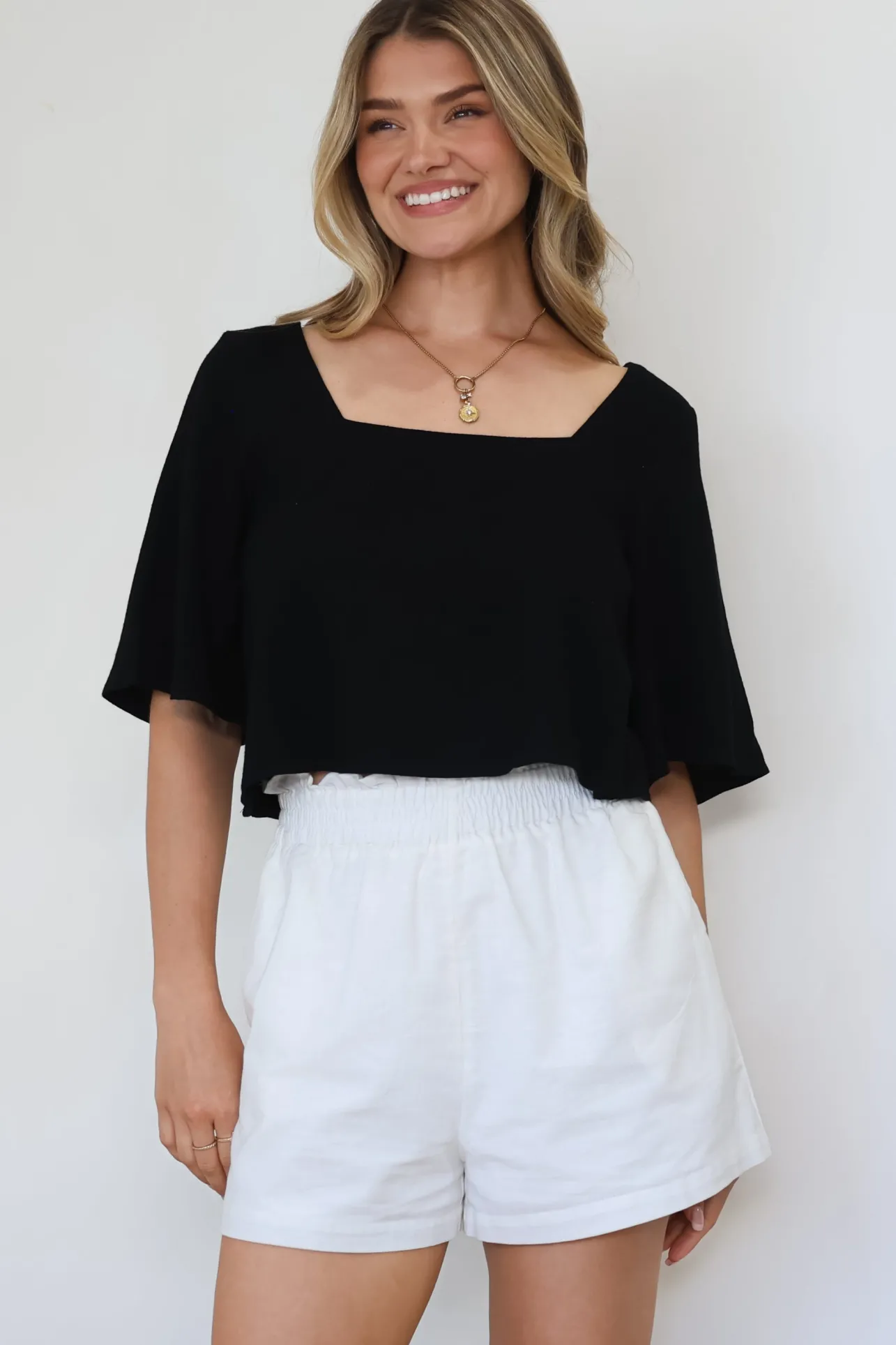 Zali Top - Square Neckline Crop with Short Airy Sleeves in Black>Salty Crush