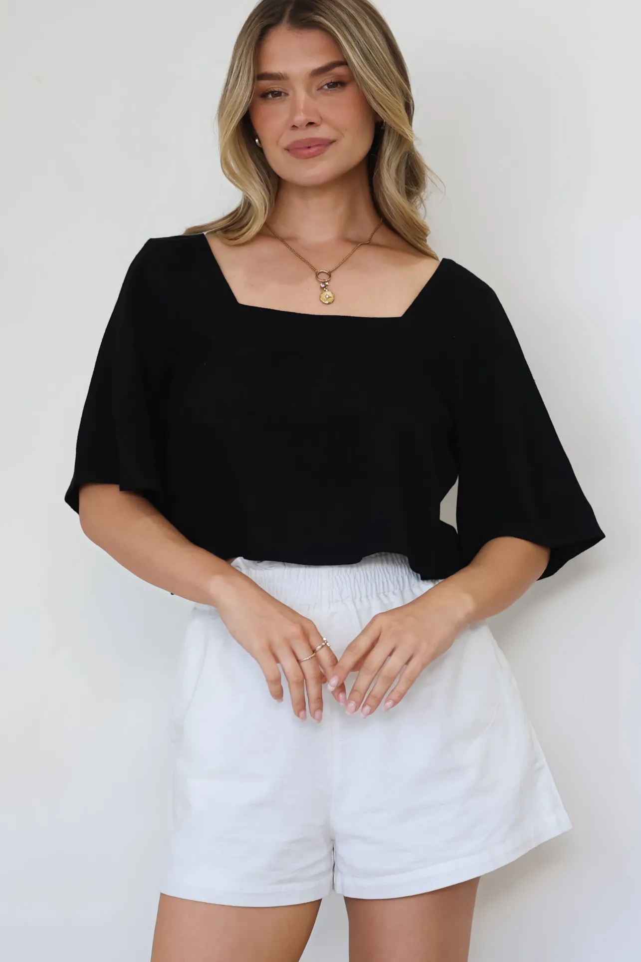 Zali Top - Square Neckline Crop with Short Airy Sleeves in Black>Salty Crush