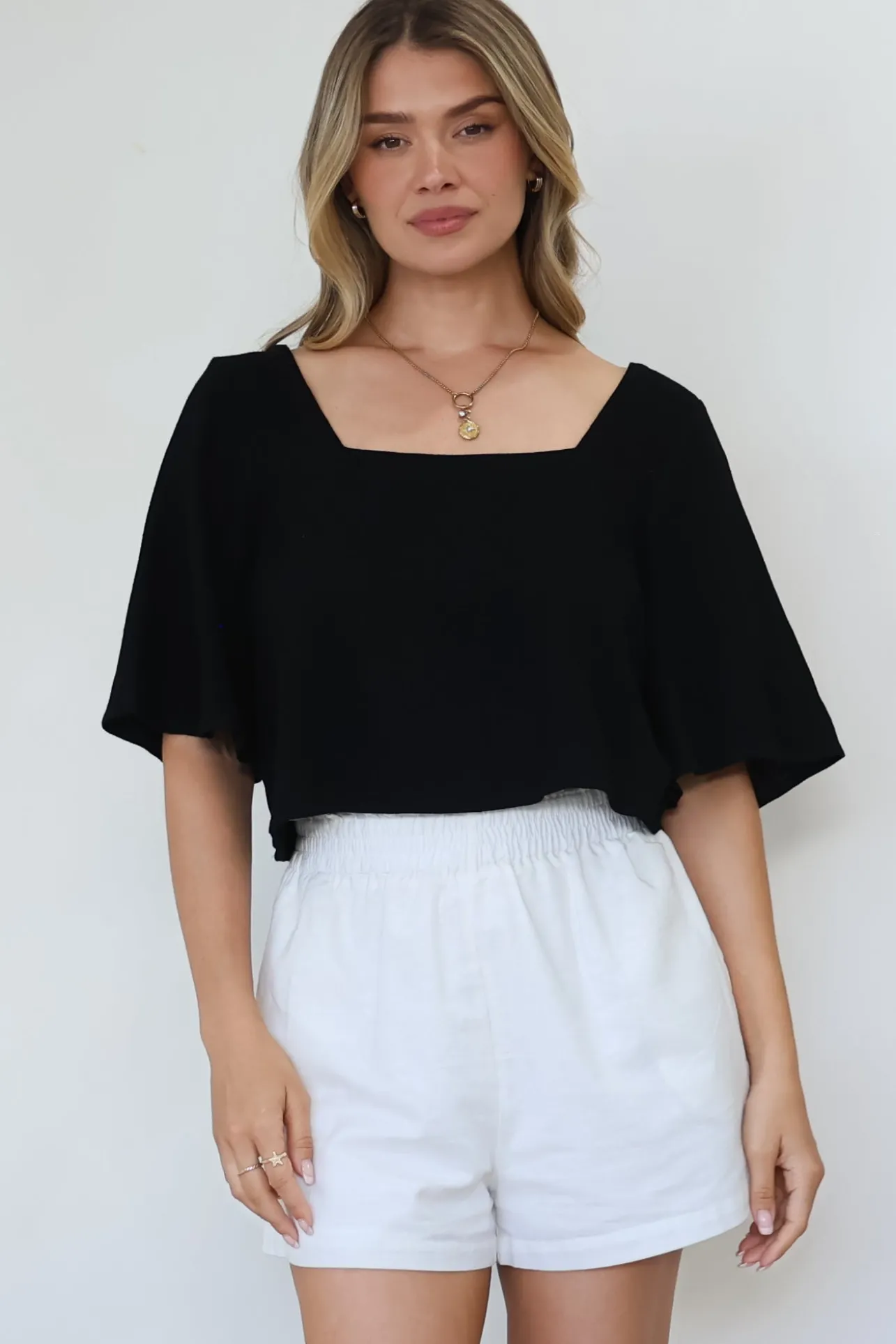 Zali Top - Square Neckline Crop with Short Airy Sleeves in Black>Salty Crush
