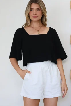 Zali Top - Square Neckline Crop with Short Airy Sleeves in Black><noscript><img width=