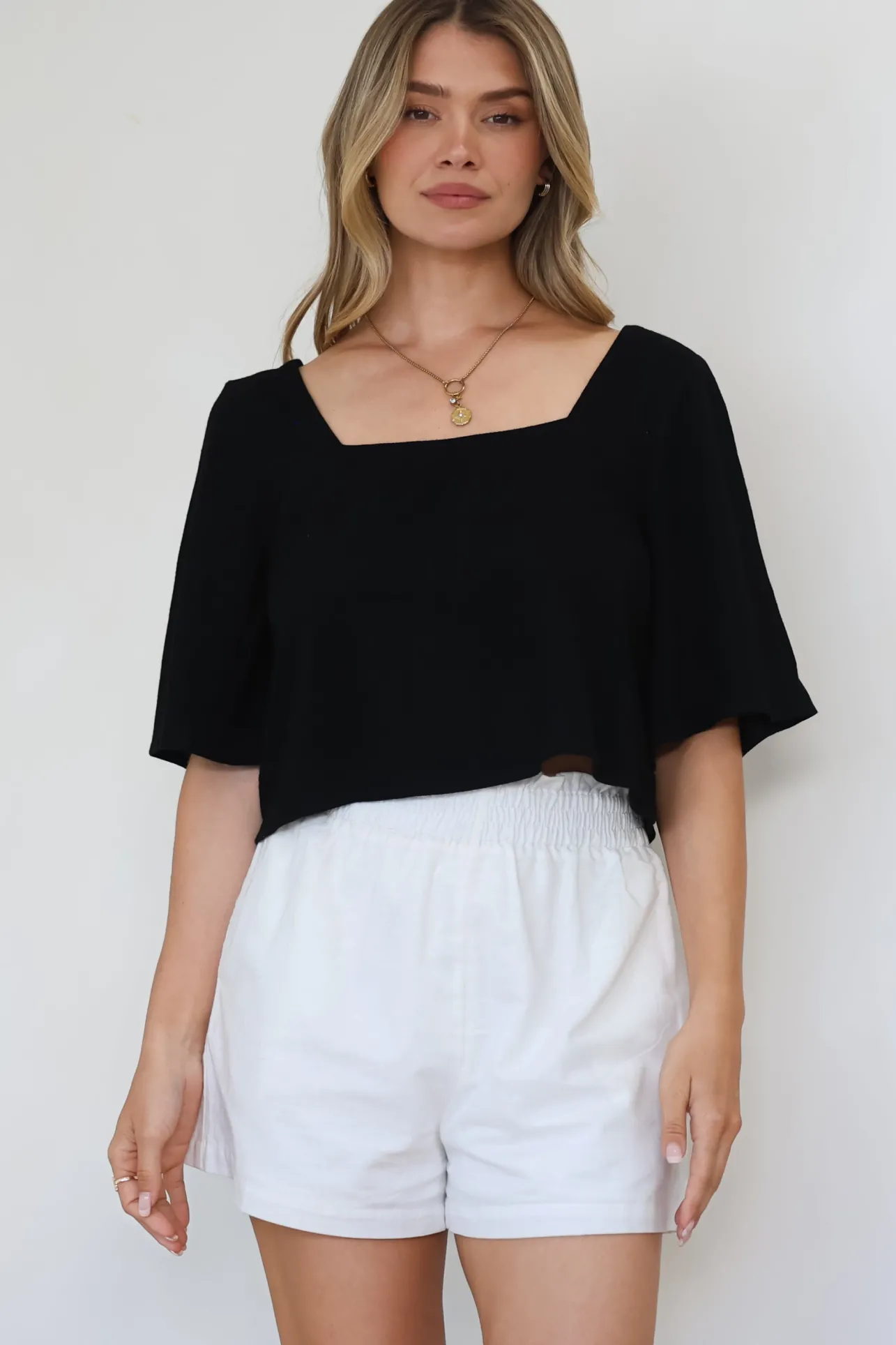 Zali Top - Square Neckline Crop with Short Airy Sleeves in Black>Salty Crush