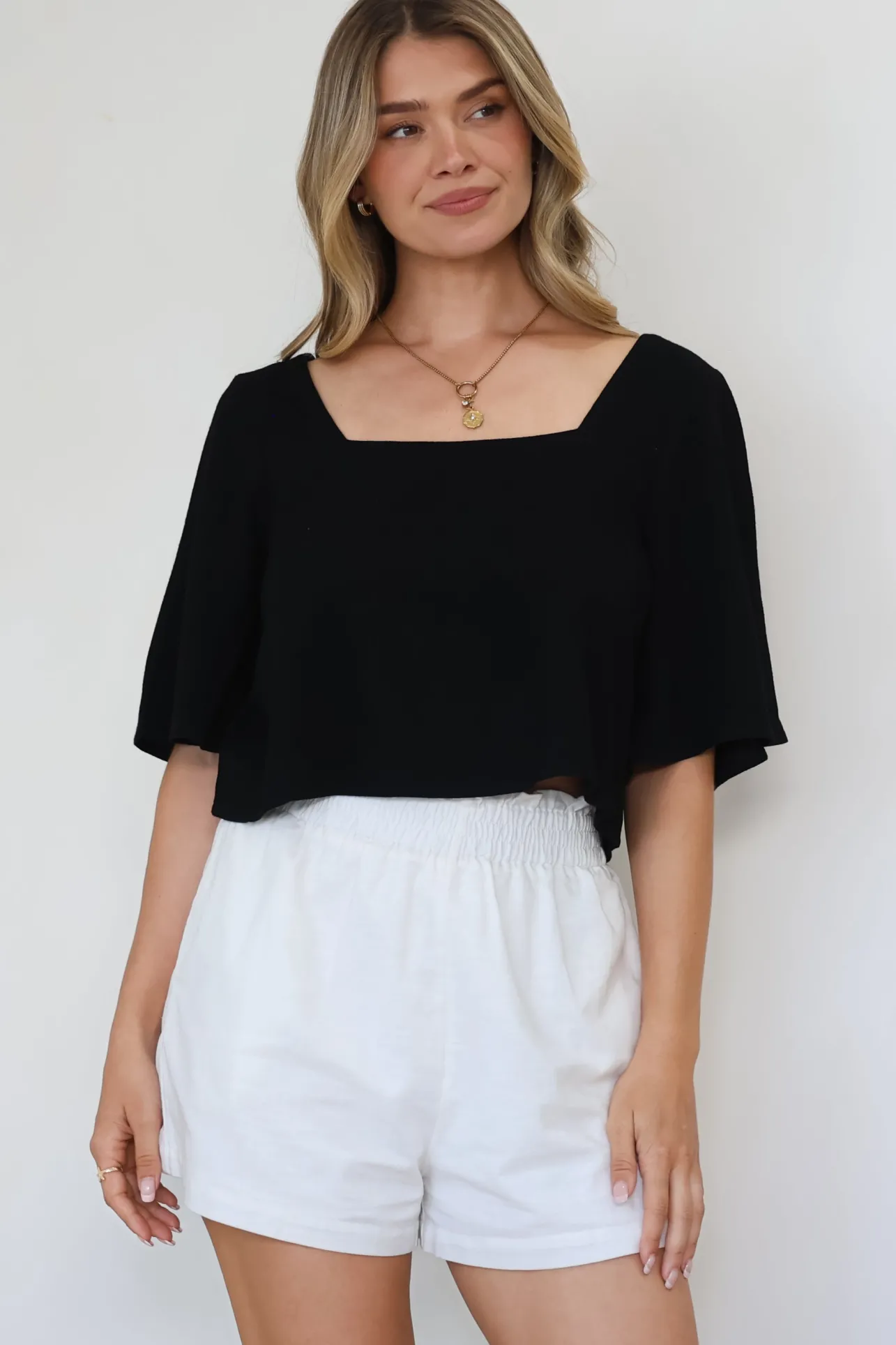 Zali Top - Square Neckline Crop with Short Airy Sleeves in Black>Salty Crush
