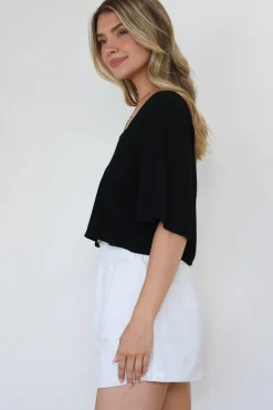 Zali Top - Square Neckline Crop with Short Airy Sleeves in Black><noscript><img width=
