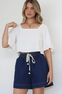 Zali Top - Square Neckline Crop with Short Airy Sleeves in White><noscript><img width=