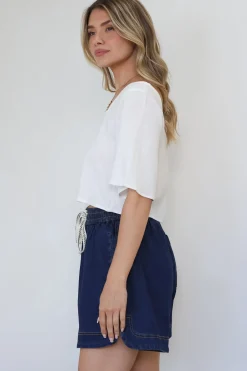 Zali Top - Square Neckline Crop with Short Airy Sleeves in White><noscript><img width=