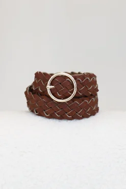 Zane PU Leather Braided Gold Buckle Belt - Brown>Salty Crush
