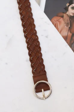 Zane PU Leather Braided Gold Buckle Belt - Brown><noscript><img width=