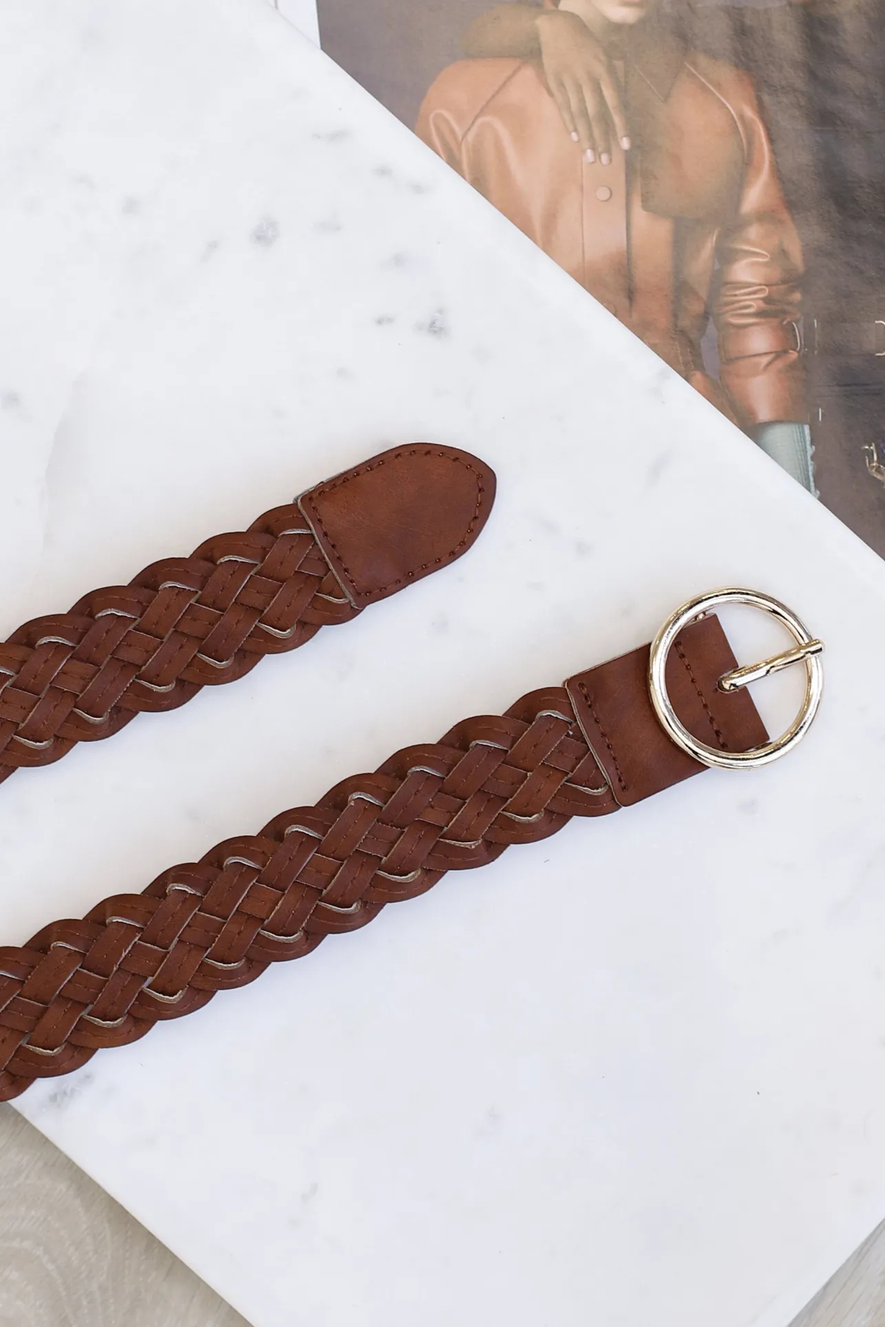 Zane PU Leather Braided Gold Buckle Belt - Brown>Salty Crush