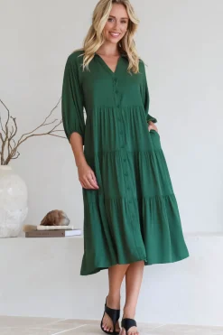 Zaraha Midi Dress - Folded Collar Button Down Tiered Dress in Green>Salty Crush Online