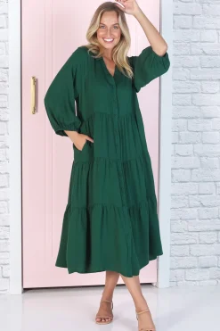 Zaraha Midi Dress - Folded Collar Button Down Tiered Dress in Green>Salty Crush Online