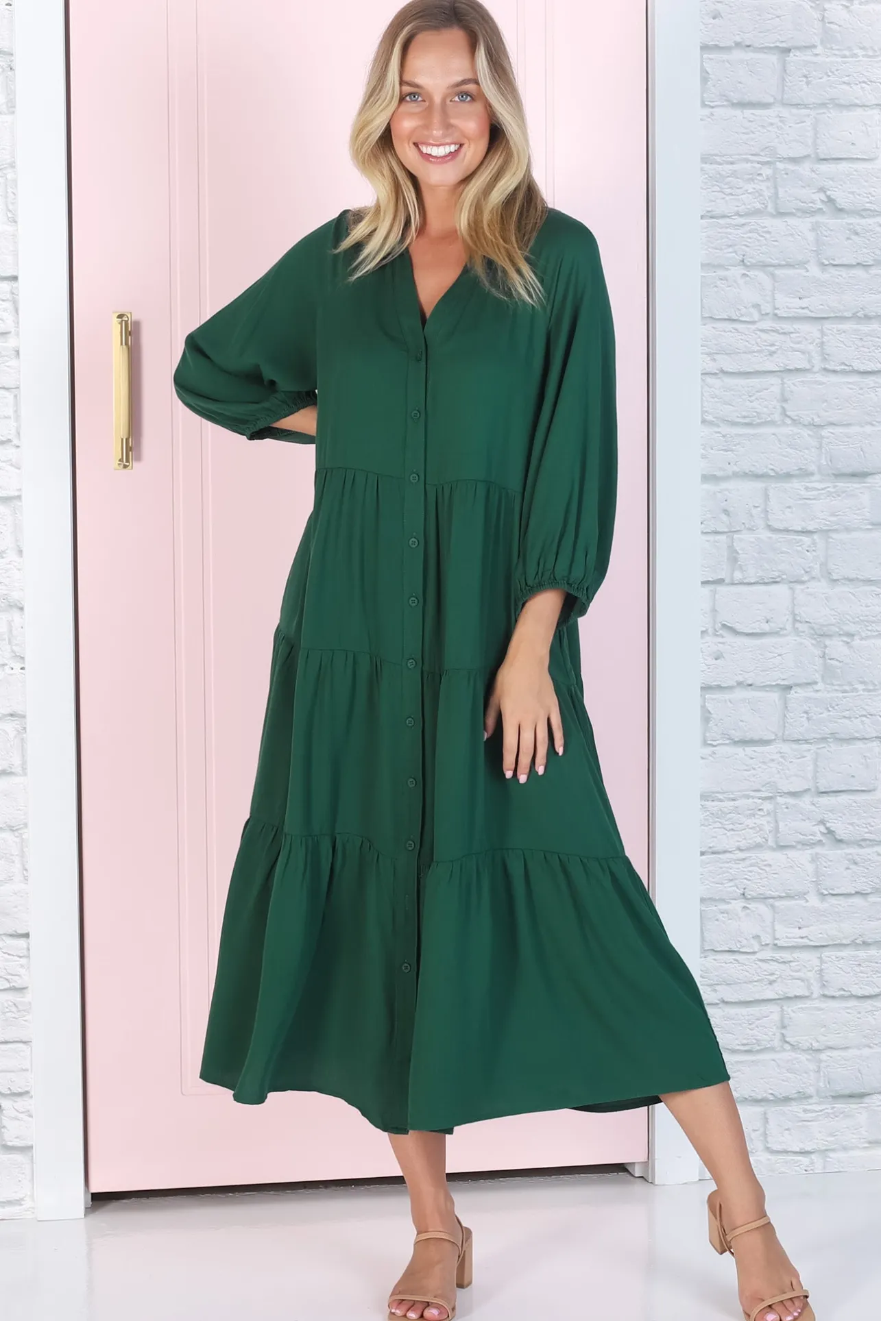 Zaraha Midi Dress - Folded Collar Button Down Tiered Dress in Green>Salty Crush Online