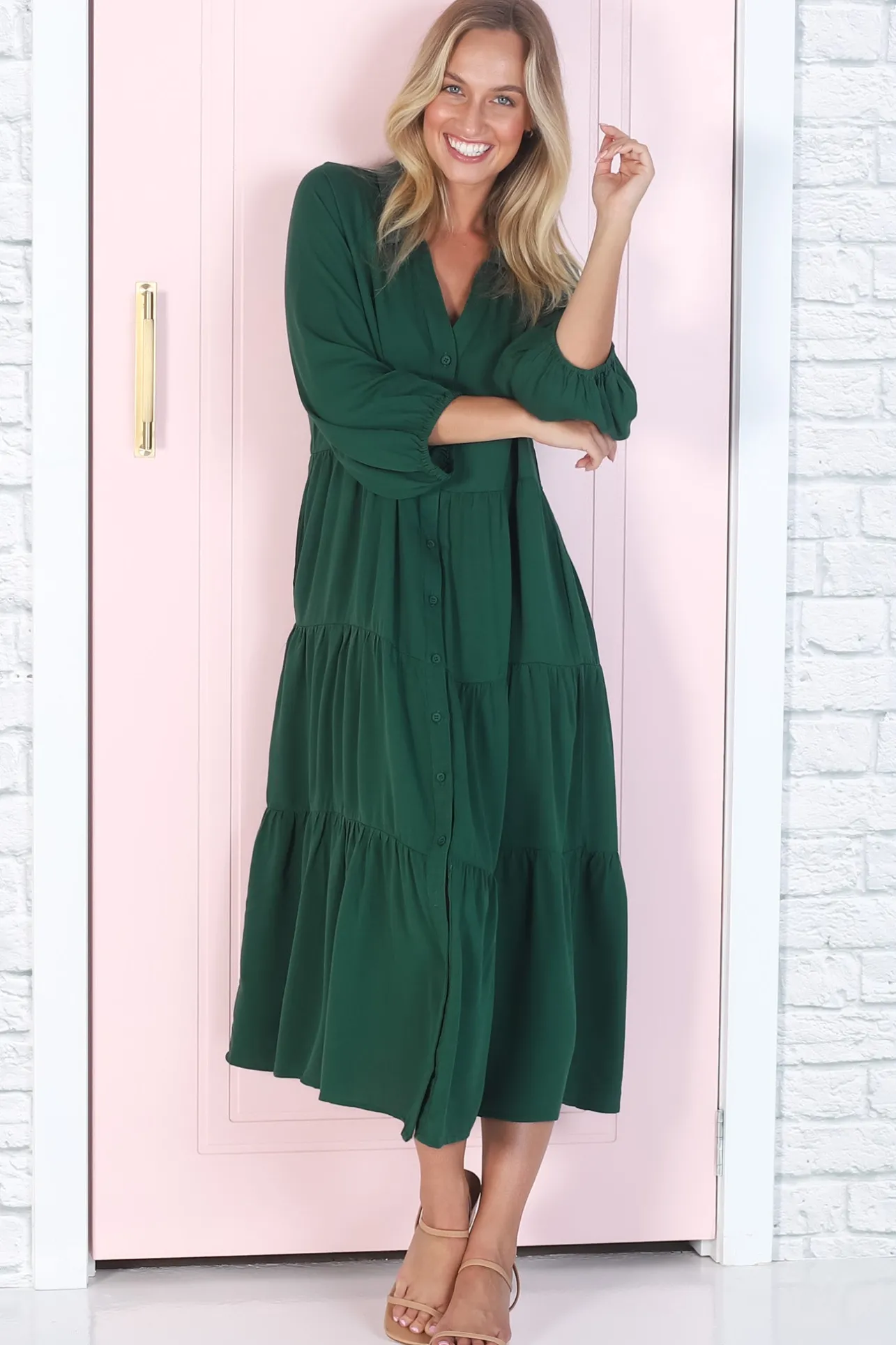 Zaraha Midi Dress - Folded Collar Button Down Tiered Dress in Green>Salty Crush Online