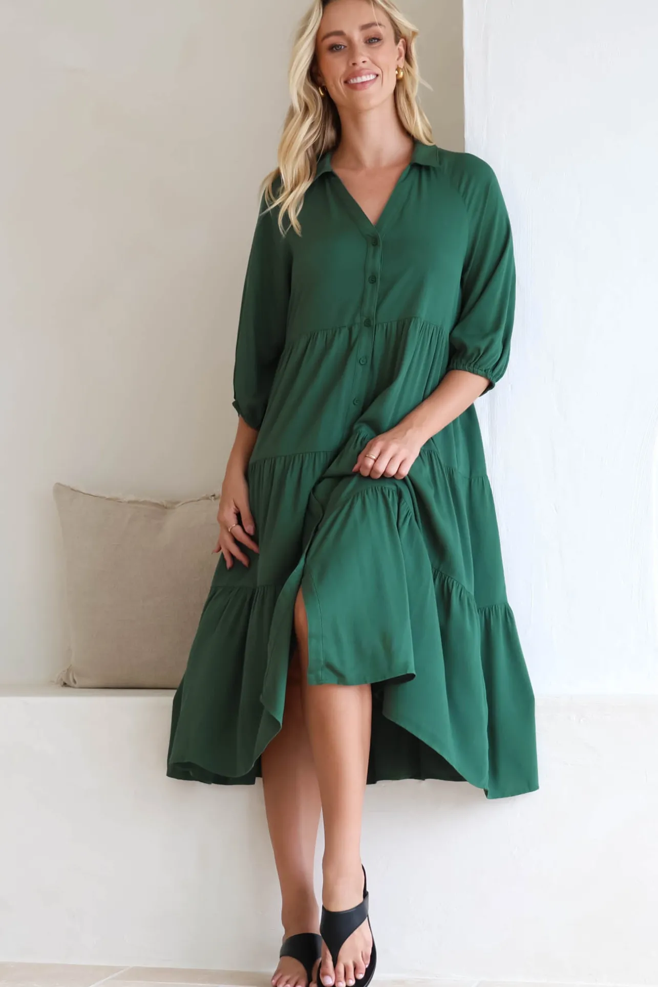 Zaraha Midi Dress - Folded Collar Button Down Tiered Dress in Green>Salty Crush Online