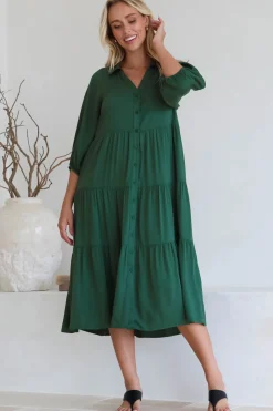 Zaraha Midi Dress - Folded Collar Button Down Tiered Dress in Green><noscript><img width=