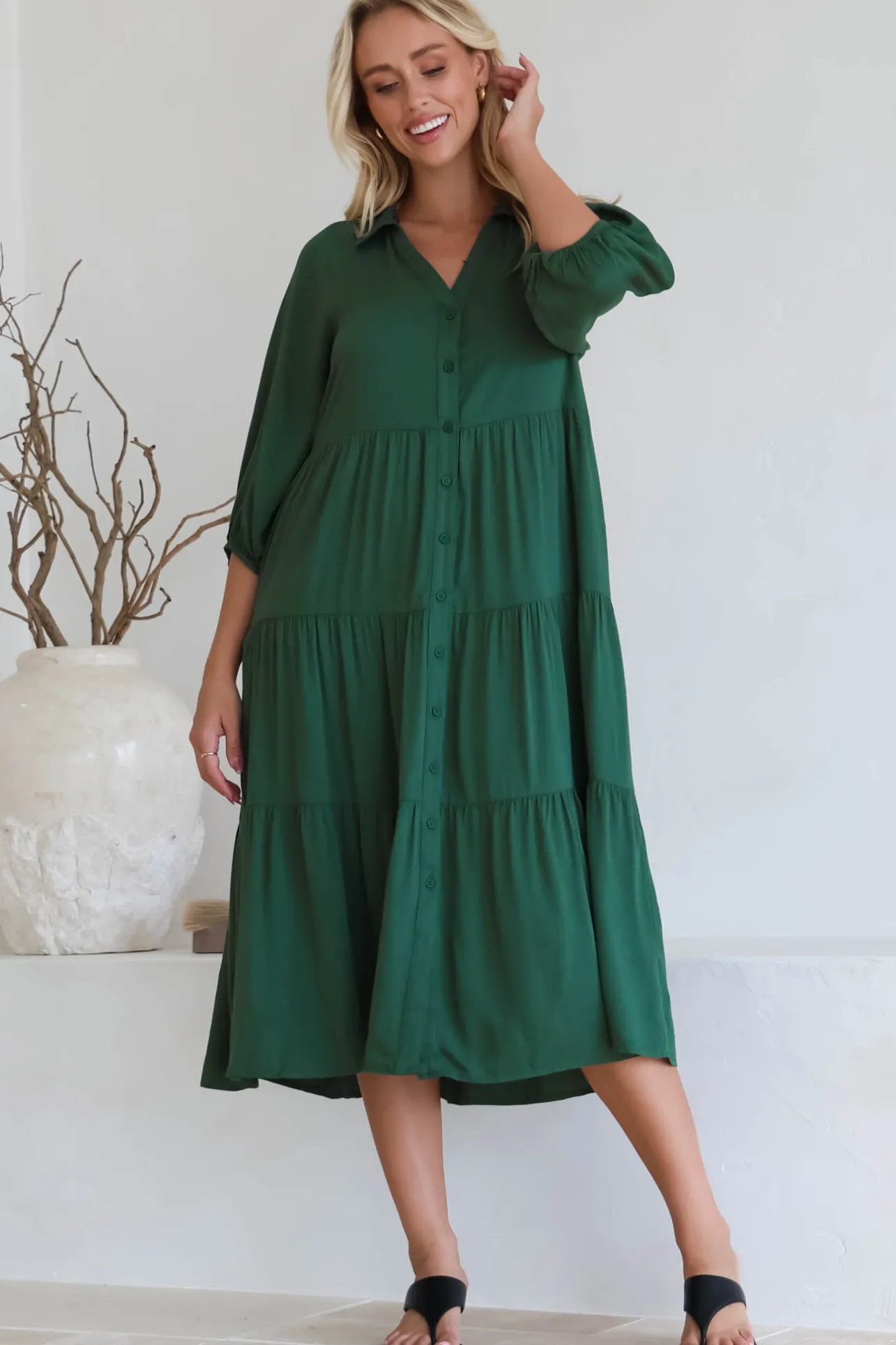 Zaraha Midi Dress - Folded Collar Button Down Tiered Dress in Green>Salty Crush Online