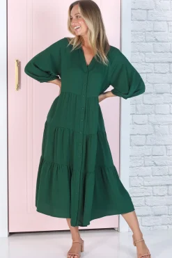 Zaraha Midi Dress - Folded Collar Button Down Tiered Dress in Green><noscript><img width=