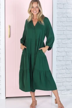 Zaraha Midi Dress - Folded Collar Button Down Tiered Dress in Green><noscript><img width=