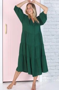 Zaraha Midi Dress - Folded Collar Button Down Tiered Dress in Green><noscript><img width=