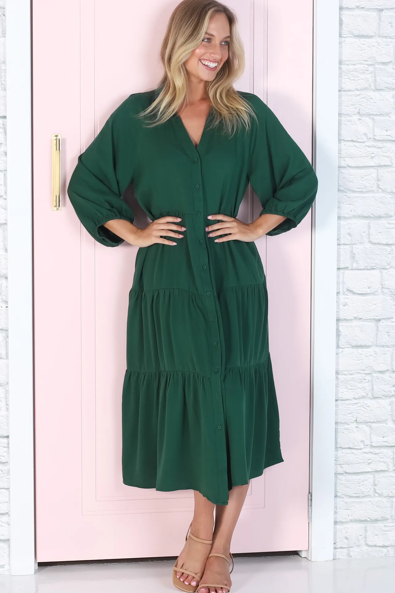 Zaraha Midi Dress - Folded Collar Button Down Tiered Dress in Green>Salty Crush Online