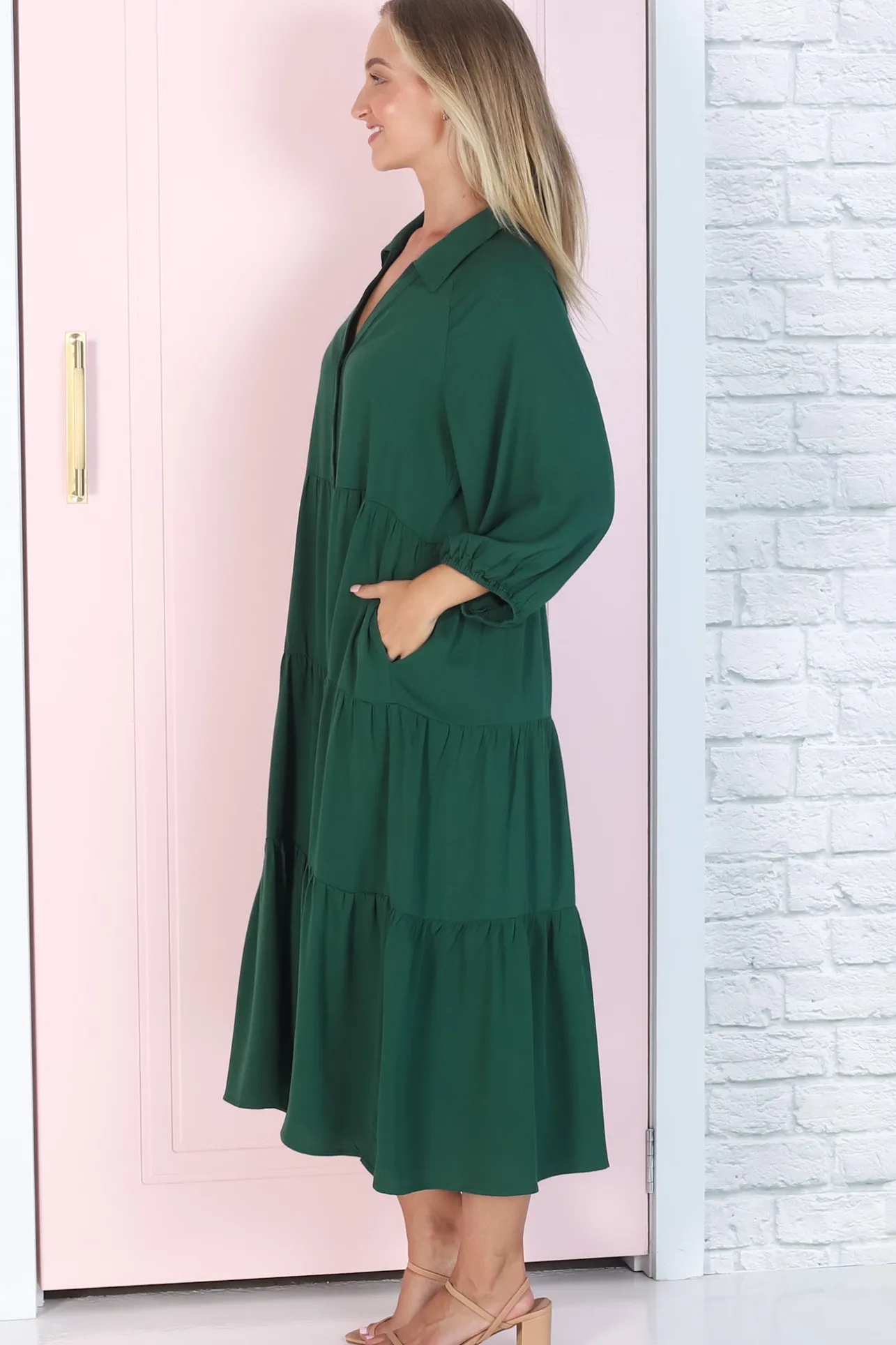 Zaraha Midi Dress - Folded Collar Button Down Tiered Dress in Green>Salty Crush Online