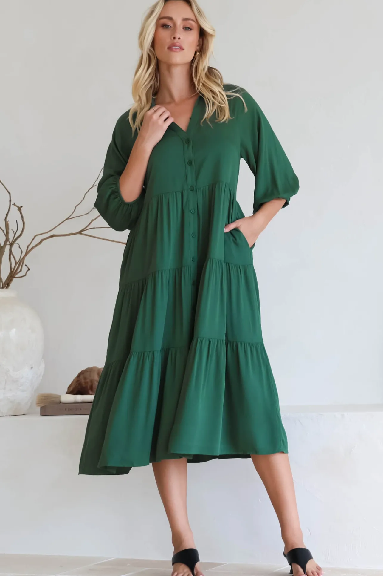 Zaraha Midi Dress - Folded Collar Button Down Tiered Dress in Green>Salty Crush Online