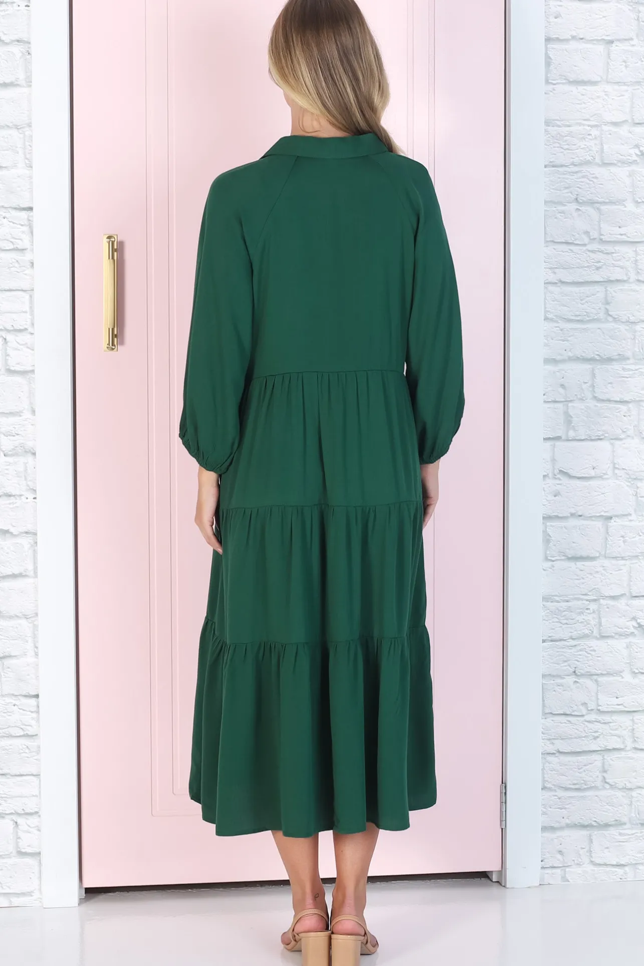 Zaraha Midi Dress - Folded Collar Button Down Tiered Dress in Green>Salty Crush Online