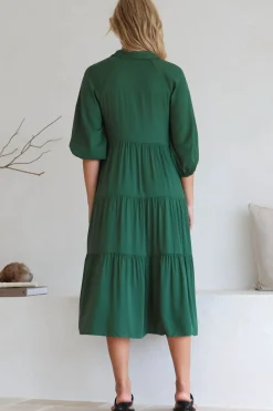 Zaraha Midi Dress - Folded Collar Button Down Tiered Dress in Green><noscript><img width=