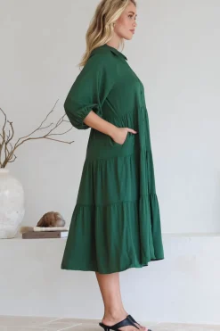 Zaraha Midi Dress - Folded Collar Button Down Tiered Dress in Green><noscript><img width=