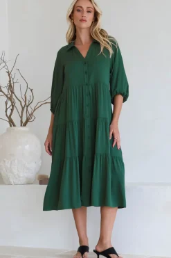 Zaraha Midi Dress - Folded Collar Button Down Tiered Dress in Green><noscript><img width=