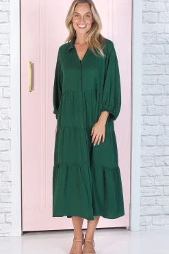 Zaraha Midi Dress - Folded Collar Button Down Tiered Dress in Green><noscript><img width=