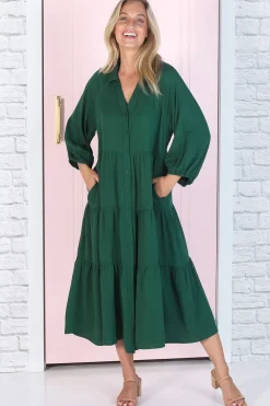 Zaraha Midi Dress - Folded Collar Button Down Tiered Dress in Green><noscript><img width=