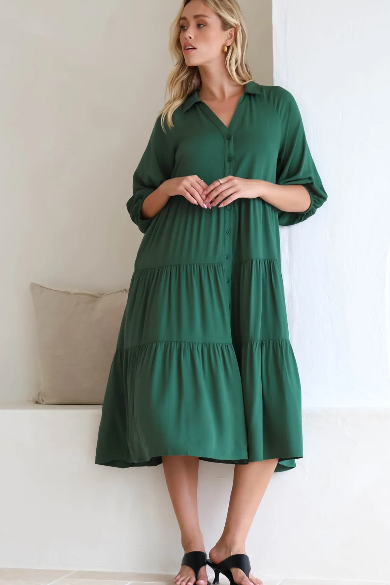 Zaraha Midi Dress - Folded Collar Button Down Tiered Dress in Green>Salty Crush Online