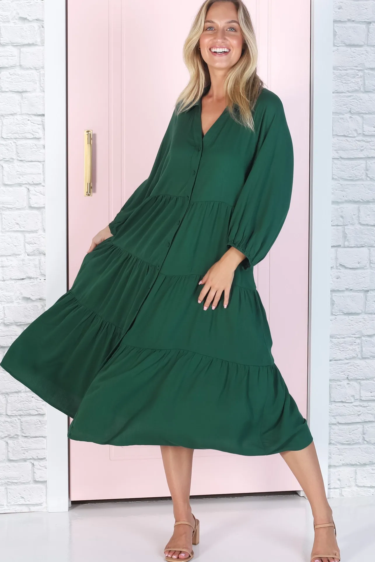 Zaraha Midi Dress - Folded Collar Button Down Tiered Dress in Green>Salty Crush Online