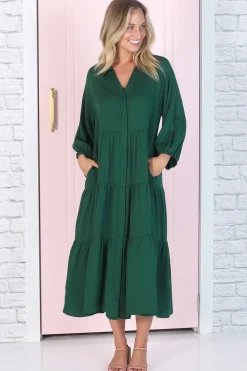 Zaraha Midi Dress - Folded Collar Button Down Tiered Dress in Green><noscript><img width=