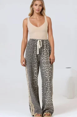 Zayne Pants - High Waisted Wide Leg Pants with Double Side Strip in Leopard Print><noscript><img width=