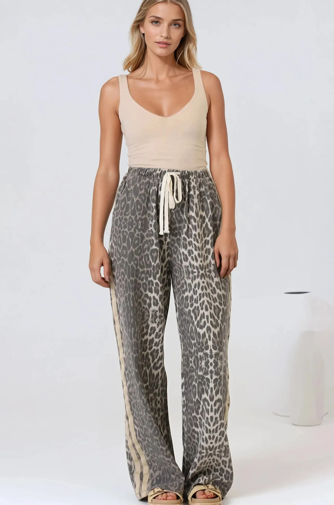 Zayne Pants - High Waisted Wide Leg Pants with Double Side Strip in Leopard Print>Salty Crush New