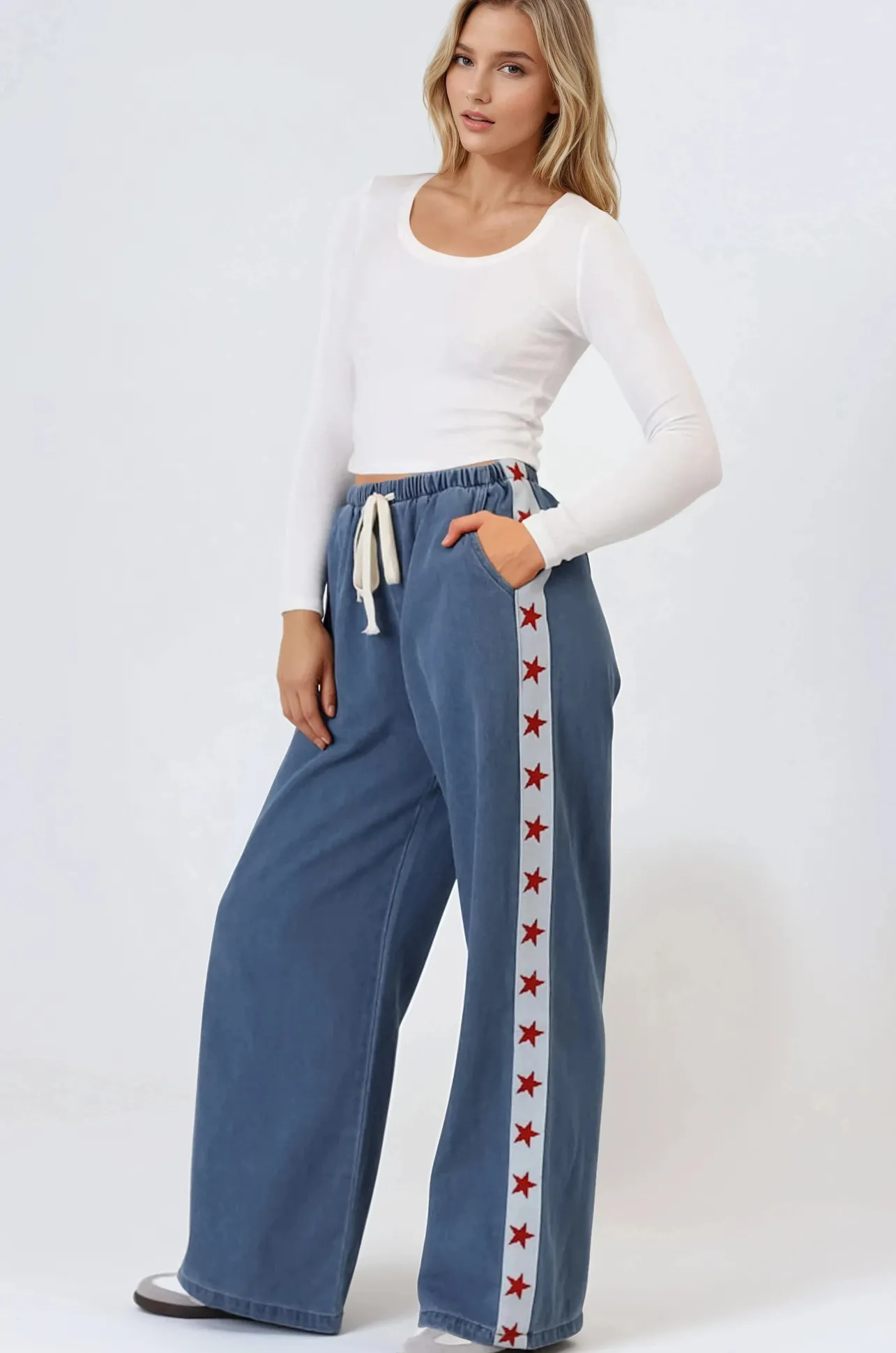 Zayne Pants - High Waisted Wide Leg Pants with Star Side Strip in Mid Denim Blue>Salty Crush Outlet