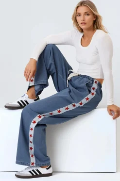 Zayne Pants - High Waisted Wide Leg Pants with Star Side Strip in Mid Denim Blue>Salty Crush Outlet