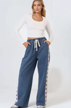 Zayne Pants - High Waisted Wide Leg Pants with Star Side Strip in Mid Denim Blue><noscript><img width=