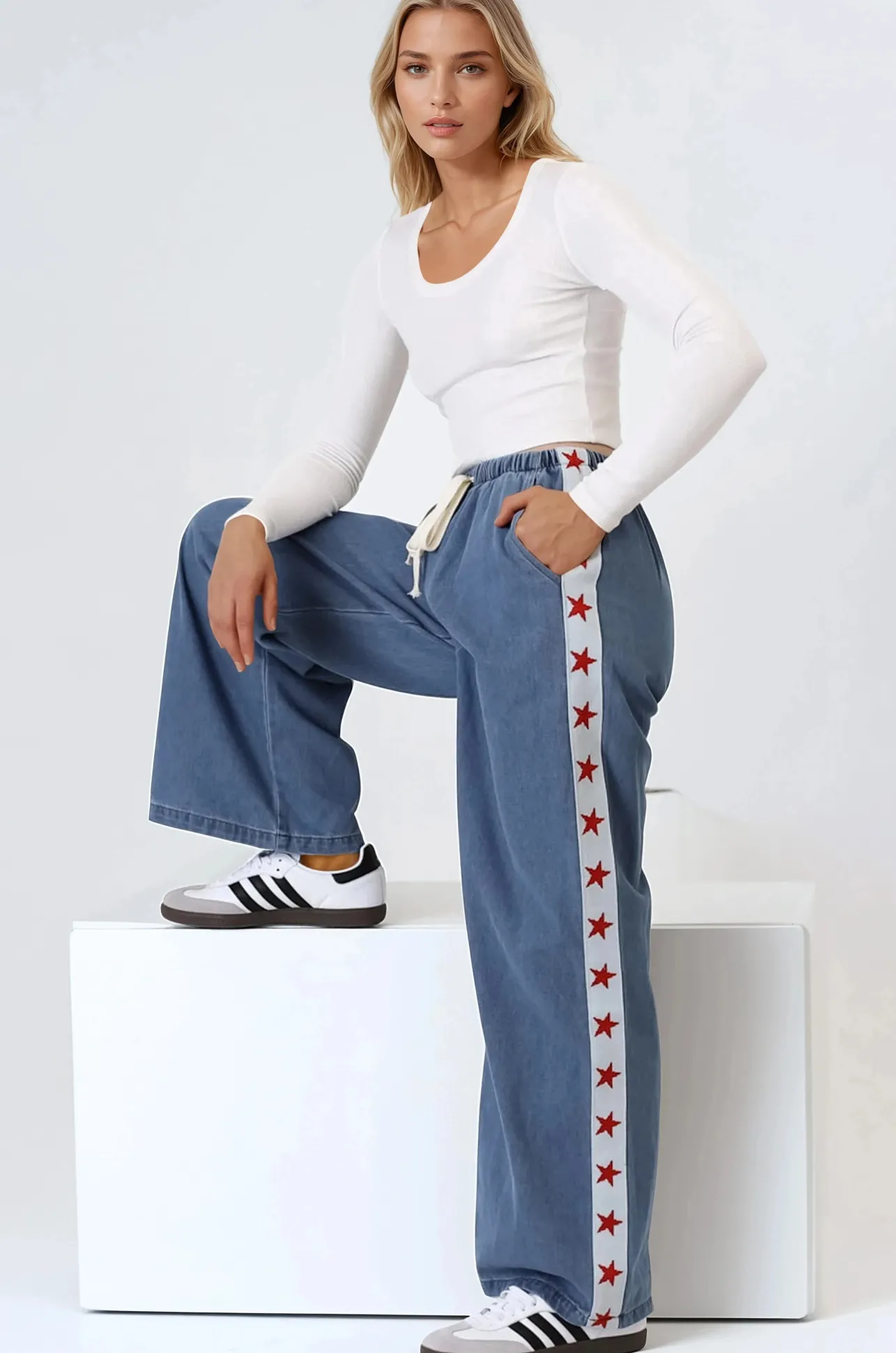 Zayne Pants - High Waisted Wide Leg Pants with Star Side Strip in Mid Denim Blue>Salty Crush Outlet