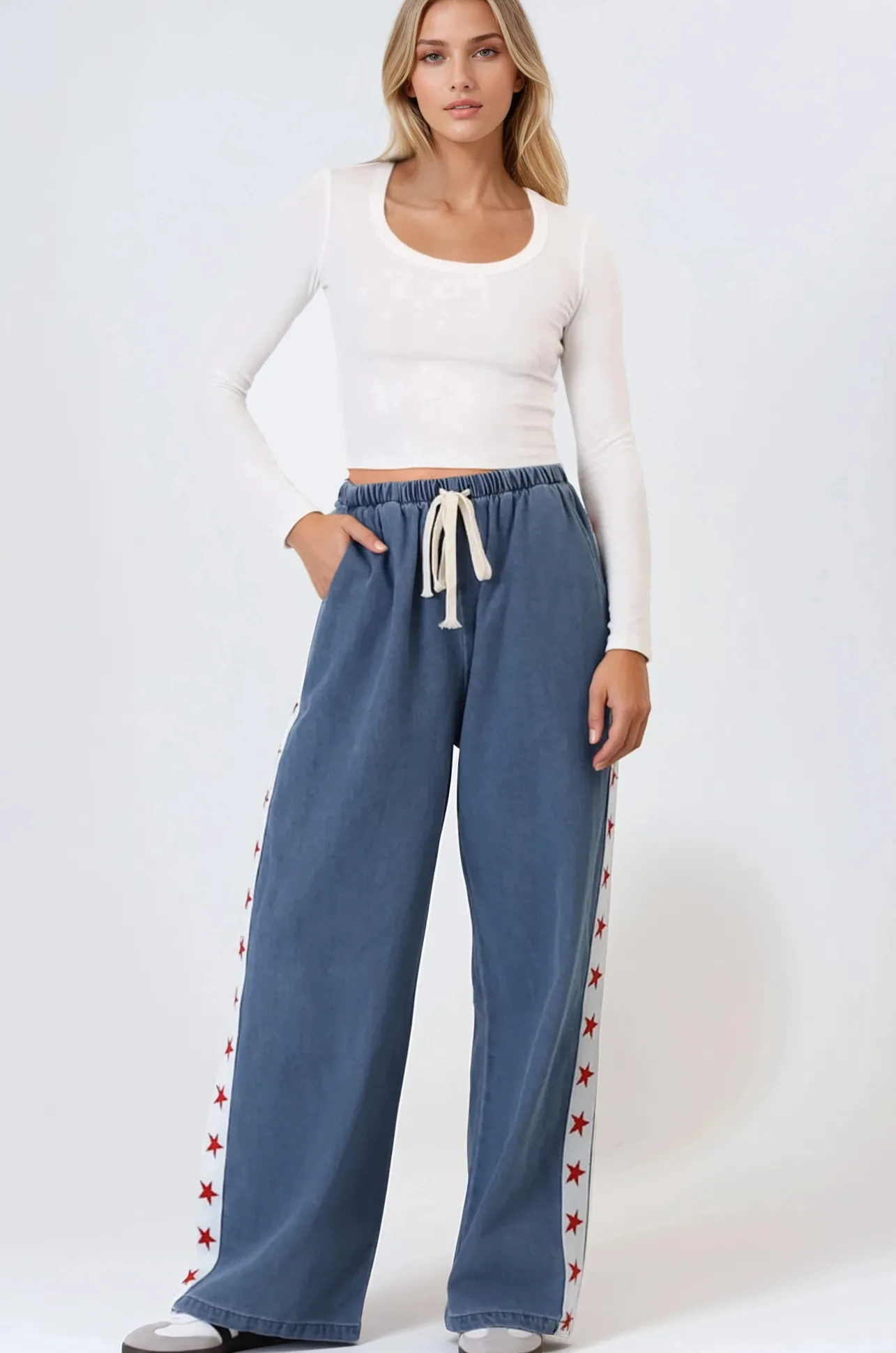 Zayne Pants - High Waisted Wide Leg Pants with Star Side Strip in Mid Denim Blue>Salty Crush Outlet