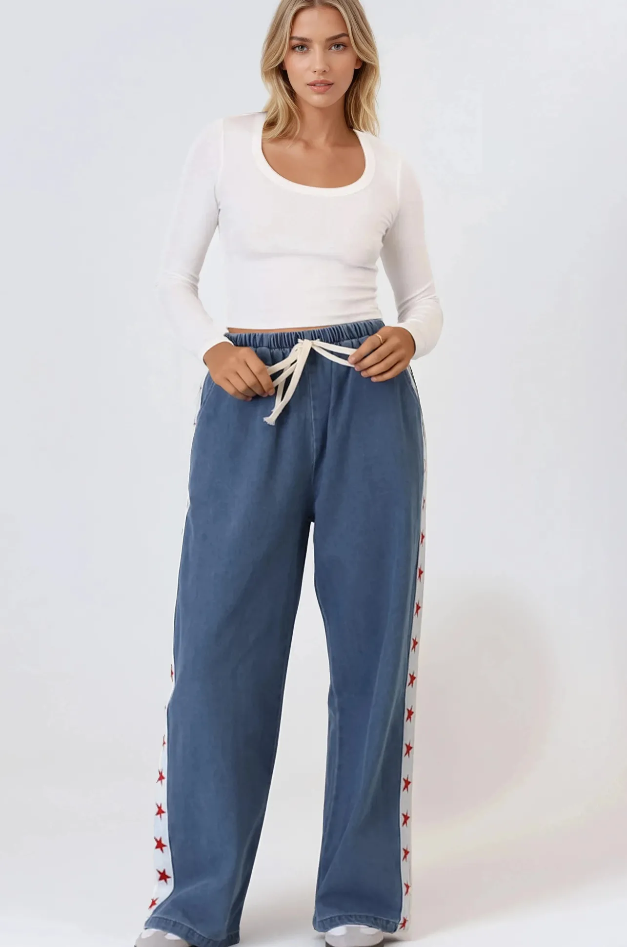 Zayne Pants - High Waisted Wide Leg Pants with Star Side Strip in Mid Denim Blue>Salty Crush Outlet