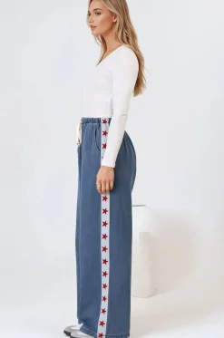 Zayne Pants - High Waisted Wide Leg Pants with Star Side Strip in Mid Denim Blue><noscript><img width=