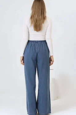 Zayne Pants - High Waisted Wide Leg Pants with Star Side Strip in Mid Denim Blue><noscript><img width=