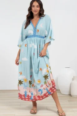 Zelle Maxi Dress - V Neck Batwing Sleeve Dress with Side Splits in Staria Print>Salty Crush