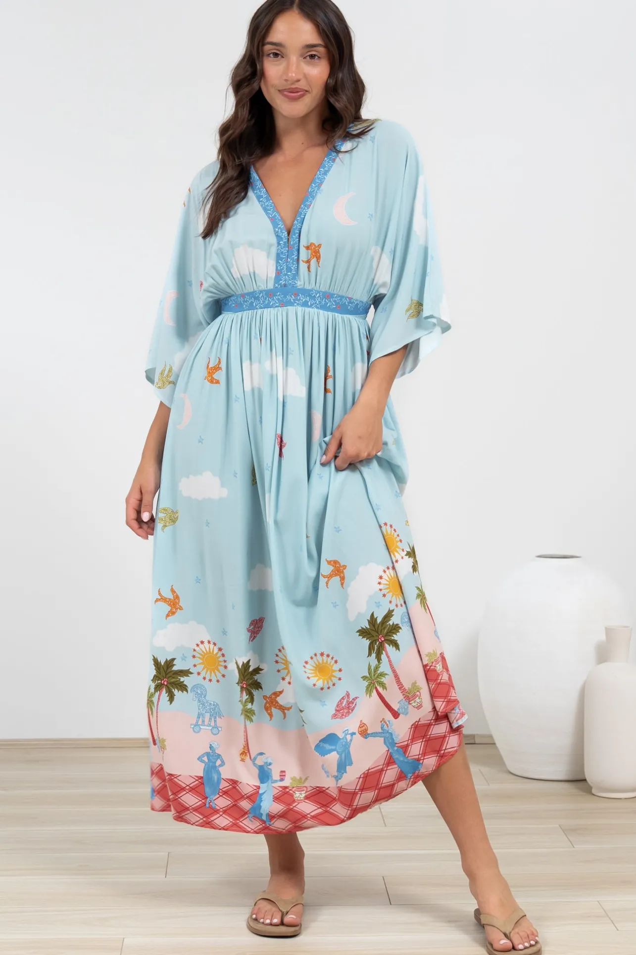 Zelle Maxi Dress - V Neck Batwing Sleeve Dress with Side Splits in Staria Print>Salty Crush