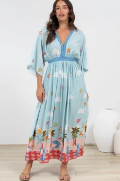 Zelle Maxi Dress - V Neck Batwing Sleeve Dress with Side Splits in Staria Print><noscript><img width=